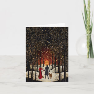 Klassiek Gouache Winter Koppel en Kerk Blank Notitiekaartje