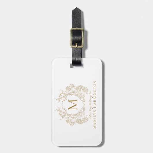 Klassiek  Goud Bloemen Crest Monogram Bagagelabel (Voorkant verticaal)