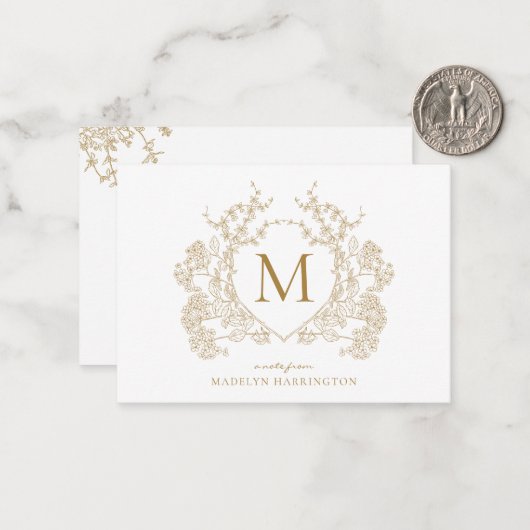 Klassiek  Goud Bloemen Crest Monogram Notitiekaartje (Voorkant / Achterkant in situ)