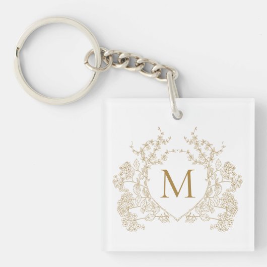 Klassiek  Goud Bloemen Crest Monogram Sleutelhanger (Voorkant)