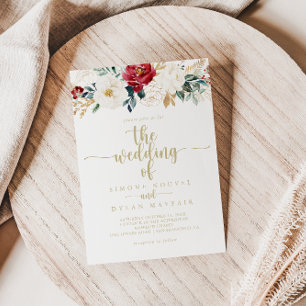 Klassiek Goud Bourgondië Wit Bloemen Bruiloft van Kaart