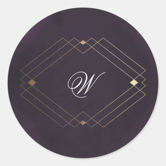 Klassiek Goud Deco Paarse Calligrafie Monogram Ronde Sticker (Voorkant)