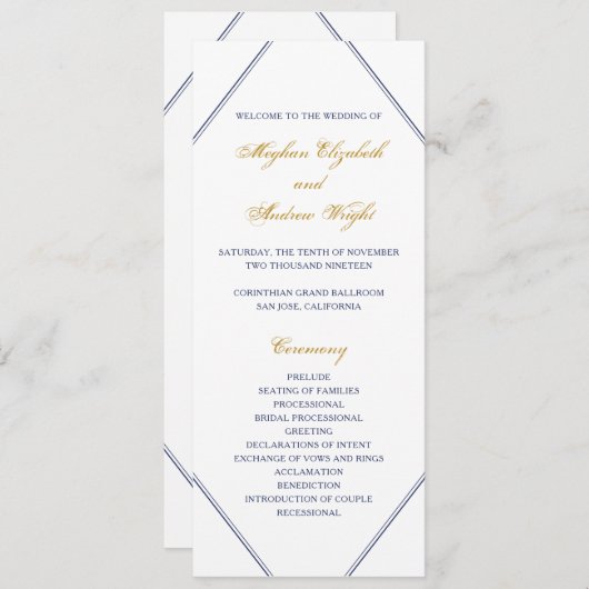 Klassiek Goud en Navy Huwelijksprogramma Programmakaart (Voorkant / Achterkant)