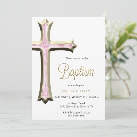 Klassiek goud en roze kruisdoop kaart (Staand voorkant)