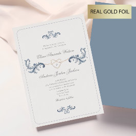Klassiek Goud en Stofblauw Bruiloft Folie Uitnodiging