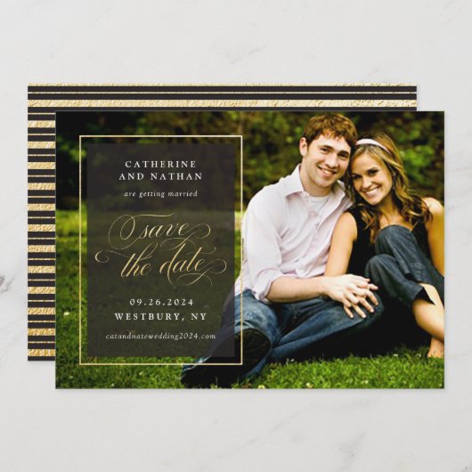 Klassiek goud en zwart elegante script bruiloft save the date (Voorkant / Achterkant)