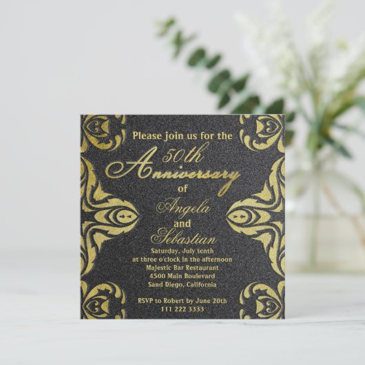 Klassiek goud en zwart luxe formeel jubileum kaart (Staand voorkant)