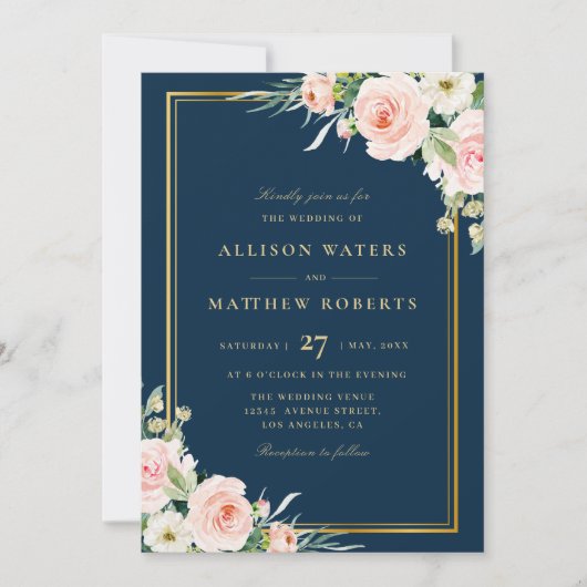 klassiek goud lijst roze bloesse marinebruiloft kaart (Voorkant)