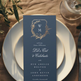 klassiek goud marine bloemenmotief monogram bruilo menu