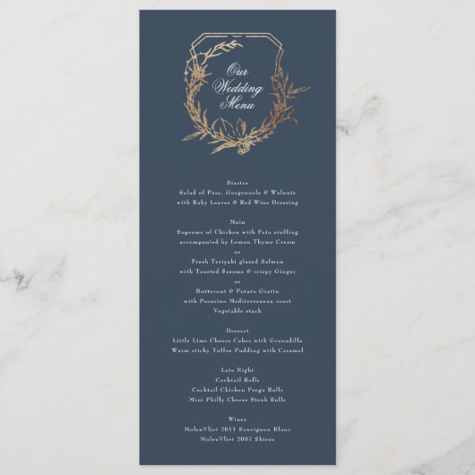 klassiek goud marine bloemenmotief monogram bruilo menu (Voorkant)