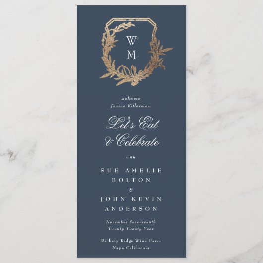 klassiek goud marine bloemenmotief monogram bruilo menu (Achterkant)