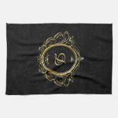 Klassiek goud zwart monogram damast ontwerp theedoek (Horizontaal)