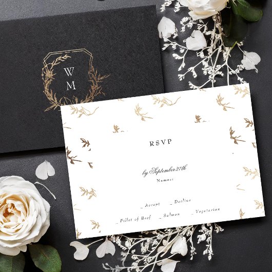 Klassiek Goud Zwart Wit Monogram Crest Bruiloft RSVP Kaartje