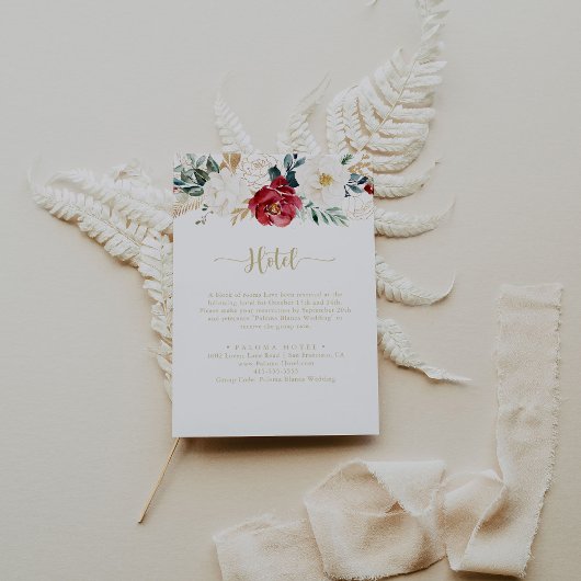 Klassiek gouden bordeauxrood wit bloemig hotel informatiekaartje