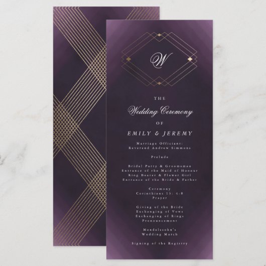 Klassiek Gouden Deco Paarse Calligrafie Monogram Programmakaart (Voorkant / Achterkant)