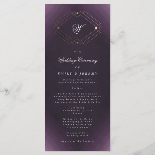 Klassiek Gouden Deco Paarse Calligrafie Monogram Programmakaart (Voorkant)