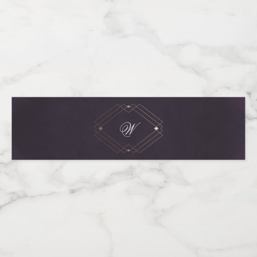 Klassiek Gouden Deco Paarse Calligrafie Monogram Waterfles Etiket (Enkel label)