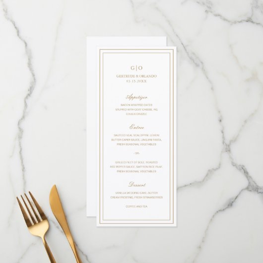 Klassiek Gouden Elegante Bruiloft Menu (Voorkant / Achterkant in situ)