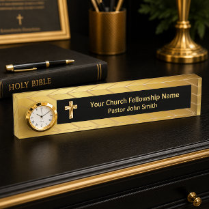 Klassiek gouden en zwarte kerk pastorsbureau naamp naambordje