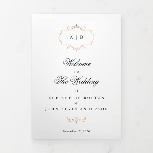 klassiek gouden monogram driezijdig trouwprogramma drieluik uitnodiging (Cover)