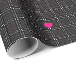 Klassiek grijs en zwart geruit patroon Roze Harten Cadeaupapier