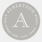 Klassiek grijs monogram familienaam retouradres ronde sticker (Voorkant)