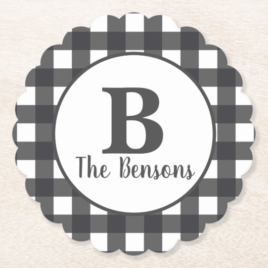 Klassiek grijs wit monogram Buffalo Plaid Kartonnen Onderzetters (Voorkant)