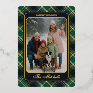 Klassiek groen blauw geel karos patroon vakantie folie feestdagenkaart