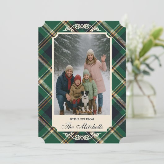 Klassiek groen blauw geel ruitpatroon feestdagenkaart (Staand voorkant)