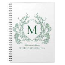 Klassiek groen bloemenkroon monogram notitieboek