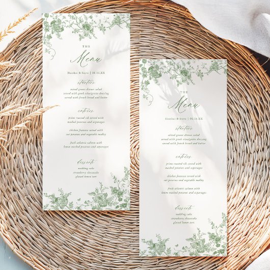 Klassiek groen bloemmotief trouwtafelmenu menu