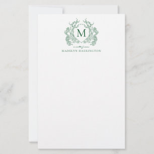 Klassiek groen bloemmotief vintage crest monogram briefpapier