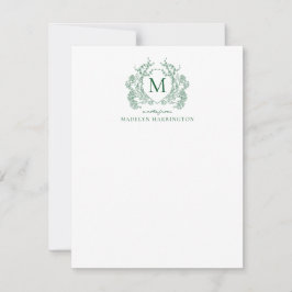 Klassiek groen bloemmotief vintage crest monogram notitiekaartje