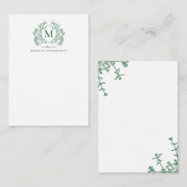 Klassiek groen bloemmotief vintage crest monogram notitiekaartje