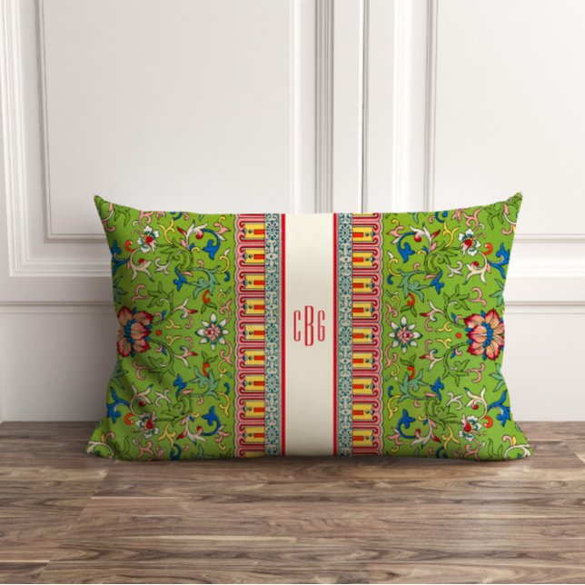 Klassiek Groen Chinoiserie Kussen met Monogram (Creator heeft geüpload)