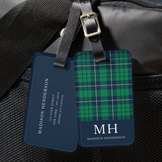 Klassiek groen geruit monogram bagagelabel