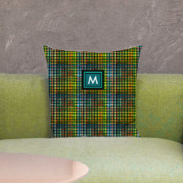 Klassiek groen geruit tartanpatroon monogram kussen