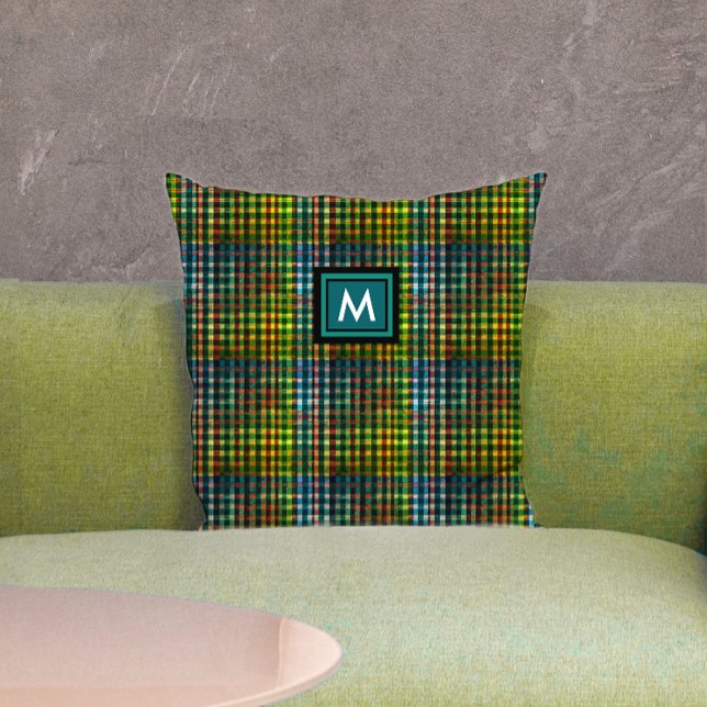 Klassiek groen geruit tartanpatroon monogram kussen (Creator heeft geüpload)