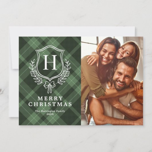 Klassiek Groen Plakken Monogram Foto Kerstmis Feestdagenkaart (Voorkant)