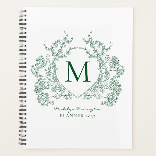 Klassiek groen vintage bloemenkroon monogram planner (Voorkant)