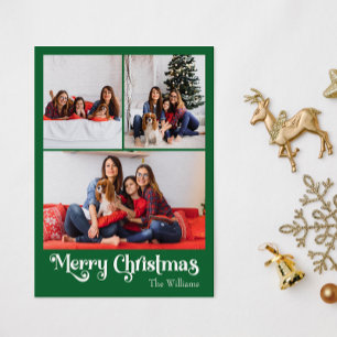 Klassiek groen vrolijk kerstfeest verticaal 3 foto feestdagenkaart
