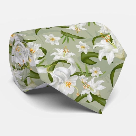 Klassiek Groen Wit Bloempatroon Stropdas (Opgerold)