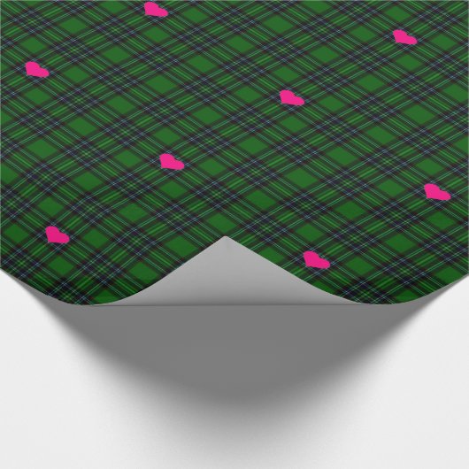 Klassiek Groen Zwart tartan Plaid roze hart accent Cadeaupapier (Hoek)