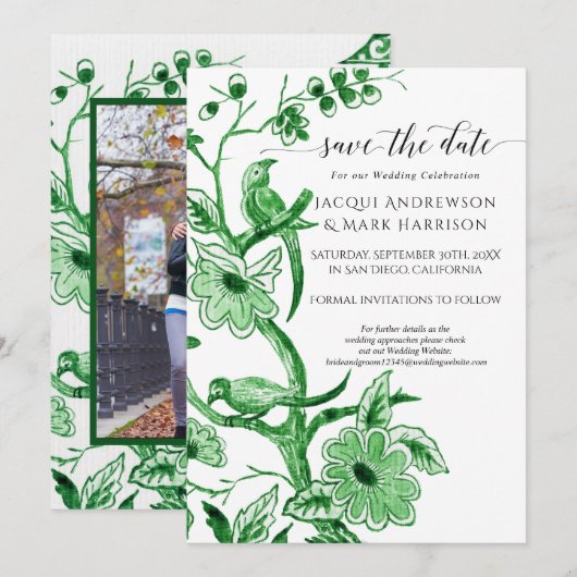 Klassiek groene witte Chinoiserie bloemmotief Save The Date (Voorkant / Achterkant)