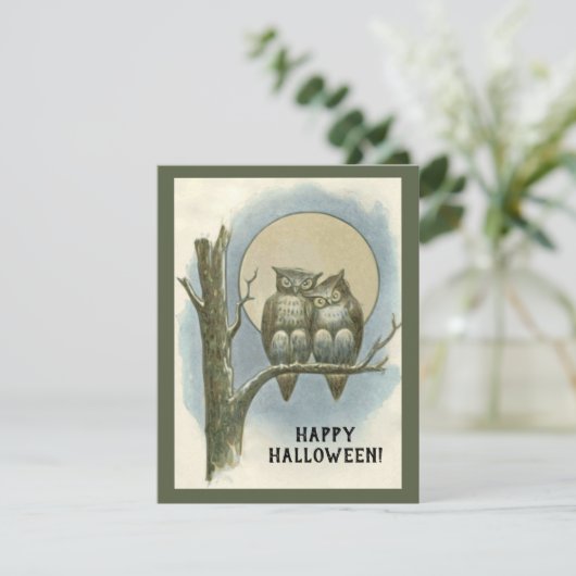 Klassiek Halloween paar uilen zittend nacht maan Kaart (Staand voorkant)