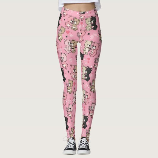 Klassiek Hartjes Teddybeer Motief Leggings (Voorkant)