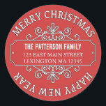 Klassiek hedendaags Merry Christmas Label<br><div class="desc">Een alternatief voor een gewoon adreslabel, dit veelzijdige "Vrolijk kerstfeest" en "Gelukkig Nieuwjaar" vakantie cirkel label zal er prachtig uitzien op al uw kerstkaarten en groeten. Met fancy scrollende rand rond jouw naam en adres dit label zou er geweldig uitzien verzegelen van de achterkant van al uw enveloppen. Modern kleurenschema...</div>