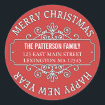 Klassiek hedendaags Merry Christmas Label<br><div class="desc">Een alternatief voor een gewoon adreslabel, dit veelzijdige "Vrolijk kerstfeest" en "Gelukkig Nieuwjaar" vakantie cirkel label zal er prachtig uitzien op al uw kerstkaarten en groeten. Met fancy scrollende rand rond jouw naam en adres dit label zou er geweldig uitzien verzegelen van de achterkant van al uw enveloppen. Modern kleurenschema...</div>