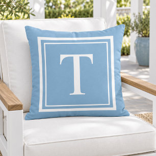 Klassiek Hemelblauw Witte Vierkante Frame Monogram Buitenkussen