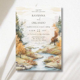 Klassiek herfst rivier bos landschap bruiloft kaart